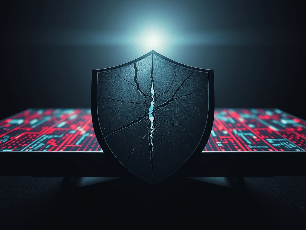 A black shield with a deep vertical crack, symbolizing a platform’s failure to protect creators.