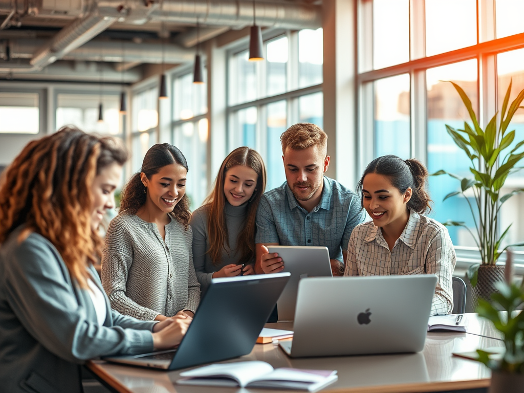 Generation Z professionals collaborating around a laptop in a modern workplace