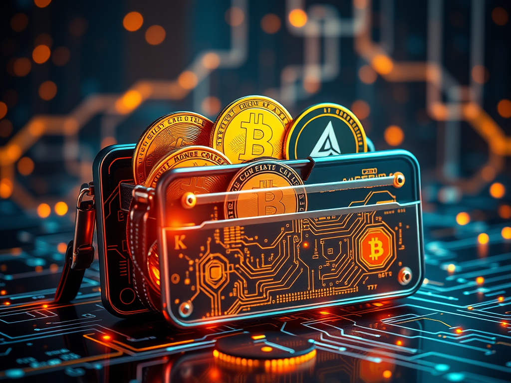 Illustration of a digital wallet holding Bitcoin and Ethereum coins with circuit patterns, symbolizing cryptocurrency, blockchain, and the rise of digital money.