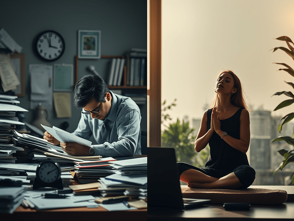 Man stressed at work with papers scattered on desk, contrasted with woman meditating indoors — symbolizing how lifestyle changes can prevent and ease depression.