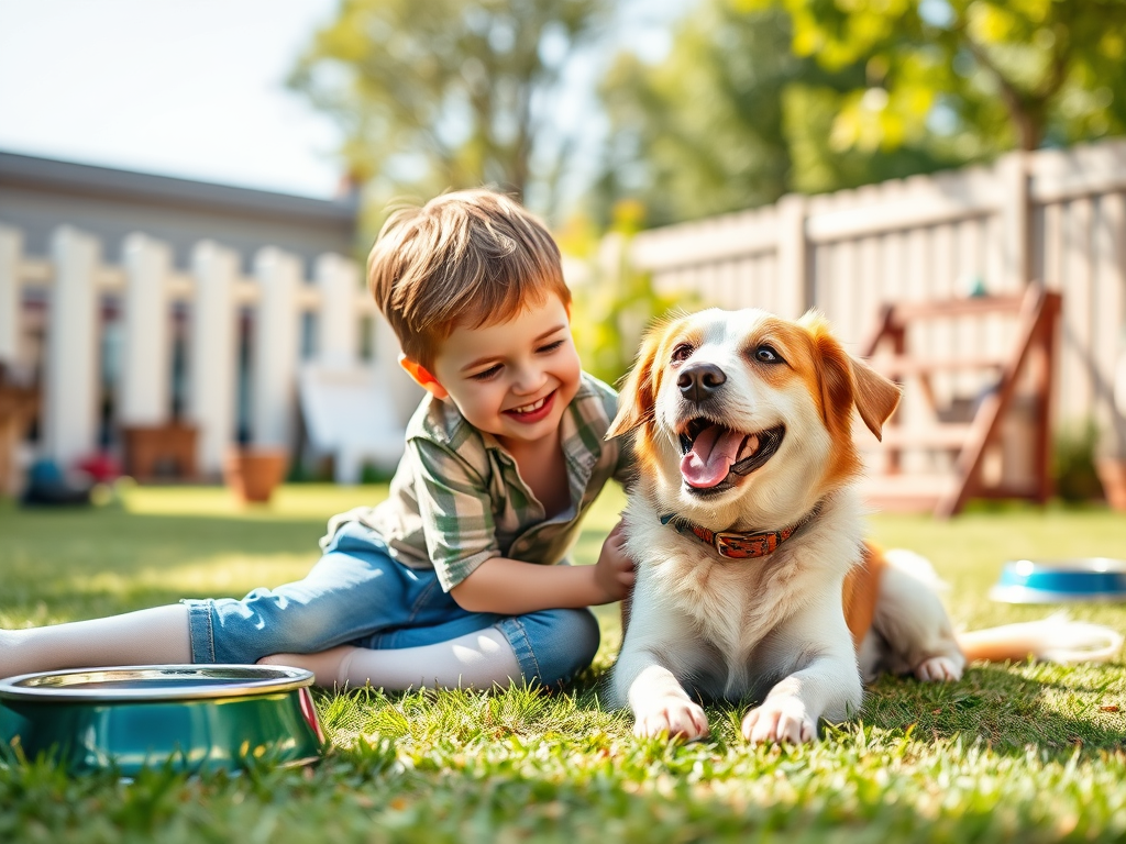 Smiling boy hugging a dog in a garden, symbolizing the companionship pets bring and the responsibility of long-term care.