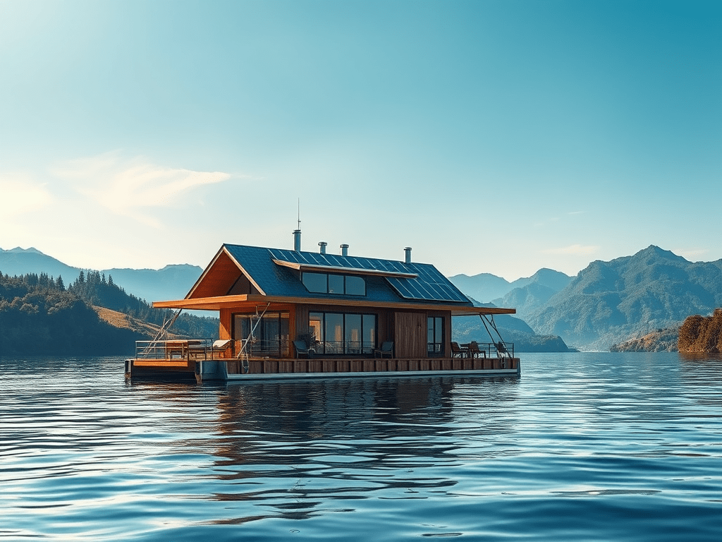 Contemporary wooden floating home anchored on a calm lake, surrounded by mountains and clear blue sky.