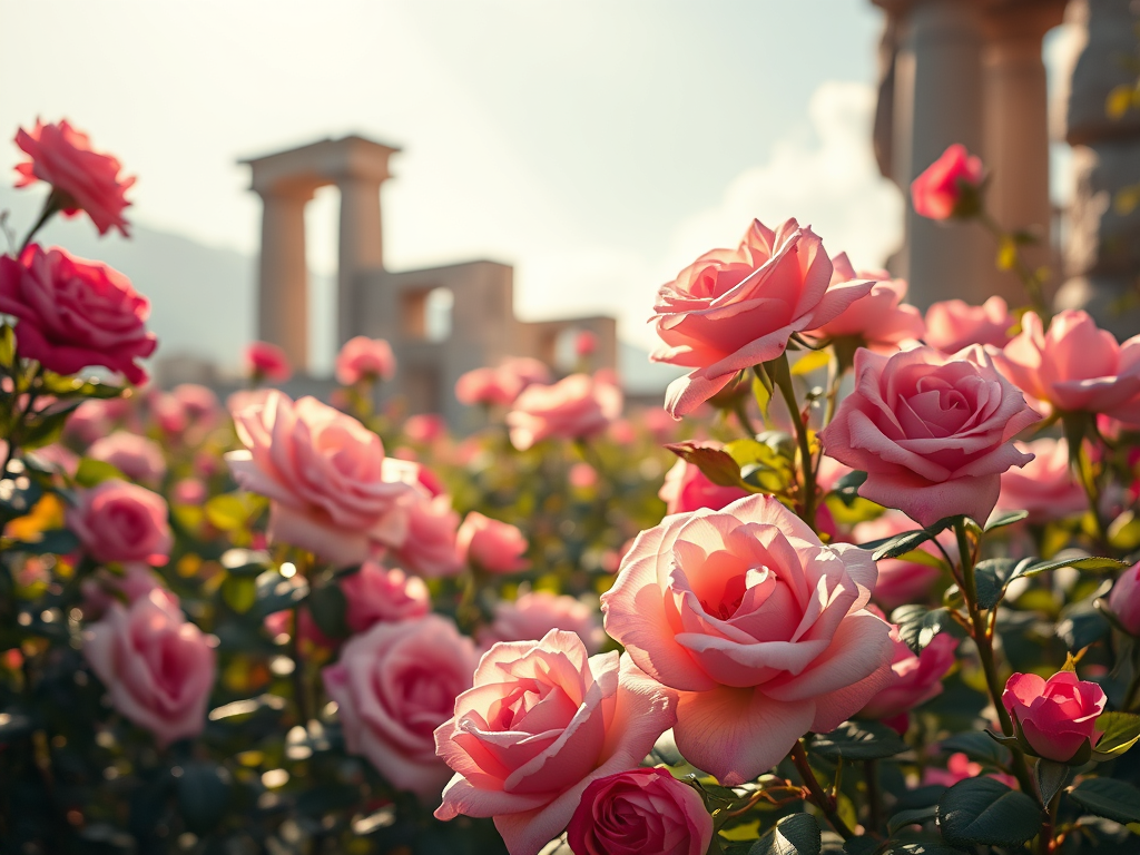 Cluster of pink roses in sunlight with stone arches in the background.