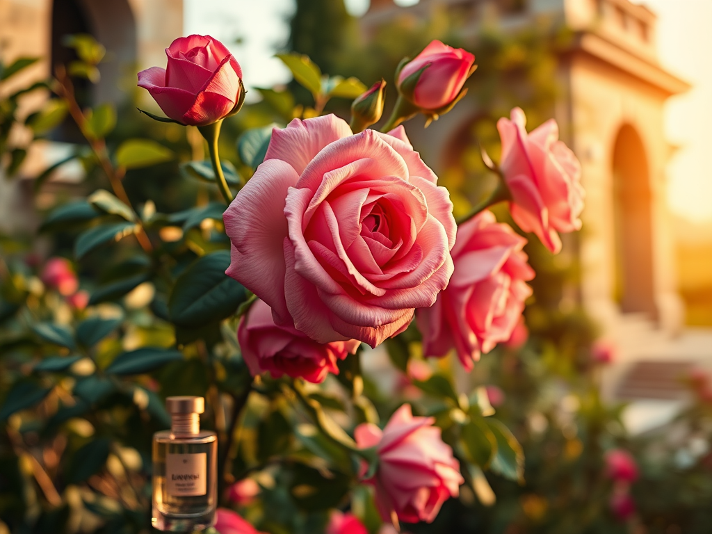 Pink rose blooming at sunset with a small perfume bottle at its base.