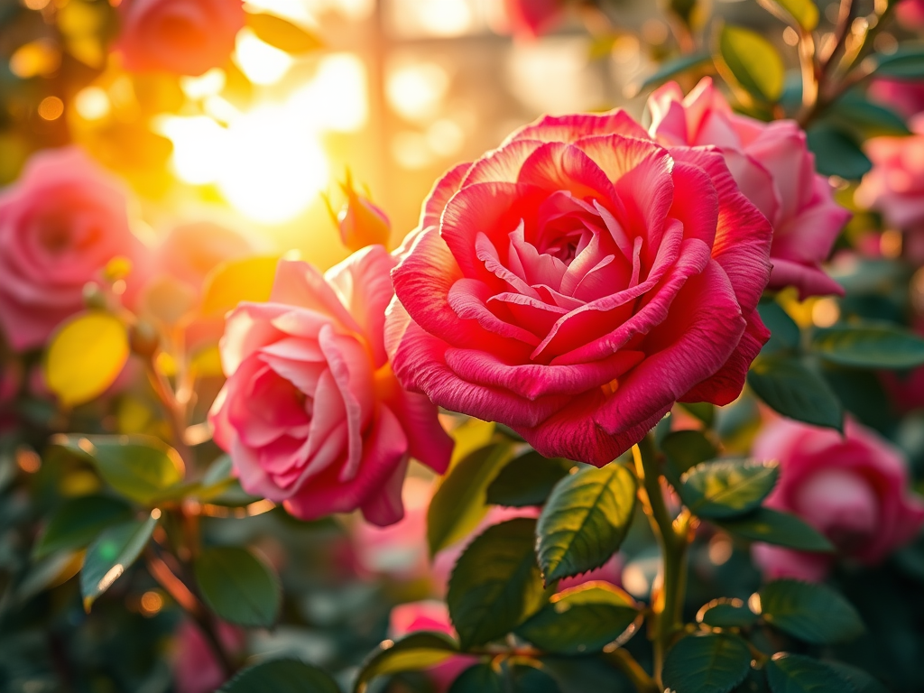 Close-up of a vibrant pink rose in golden sunlight, symbolizing beauty, heritage, and cultural significance.