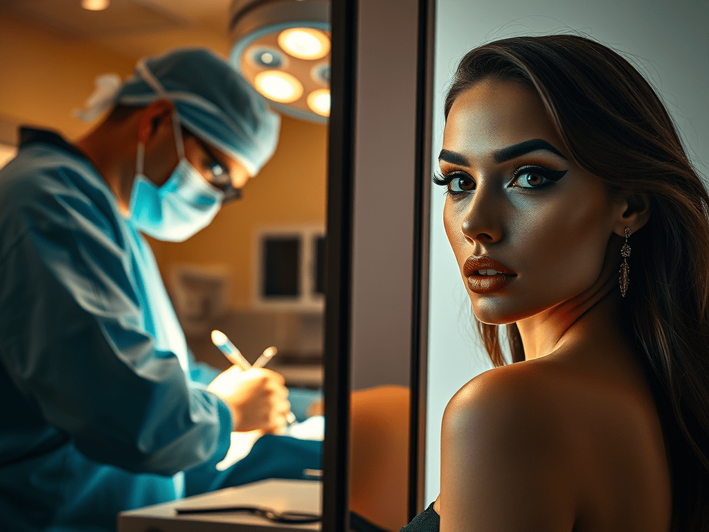 Woman after cosmetic surgery under bright operating lights, plastic surgeon nearby, symbolizing the dangers of beauty obsession and unregulated cosmetic industry.