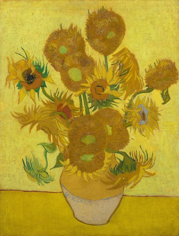Vincent van Gogh’s 1889 painting “Sunflowers,” oil on canvas from Arles, showing a vase of golden blooms, now housed at the Van Gogh Museum in Amsterdam.