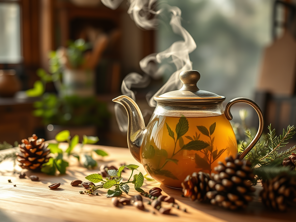 Herbal tea brewed with wild forest herbs — a soothing infusion from Canada’s northern plants.