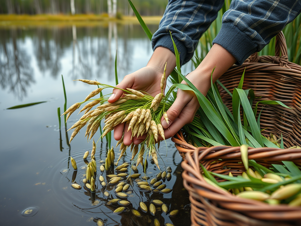 Foraging wild rice and cattail shoots along a northern Canadian lake — traditional edible plants gathered from wetlands.