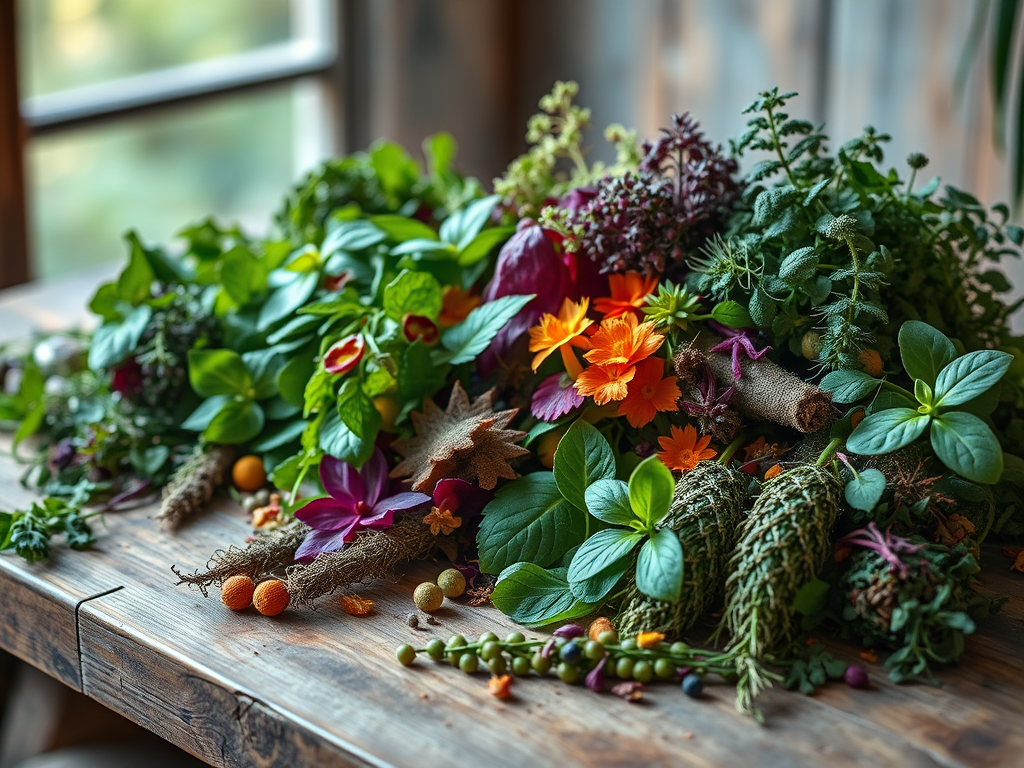 Wild forest herbs, edible greens, and blossoms on a wooden table — including daylily, mint, thyme, and rose hips — symbolizing the natural link between Canada’s forests and Asia’s kitchen traditions.