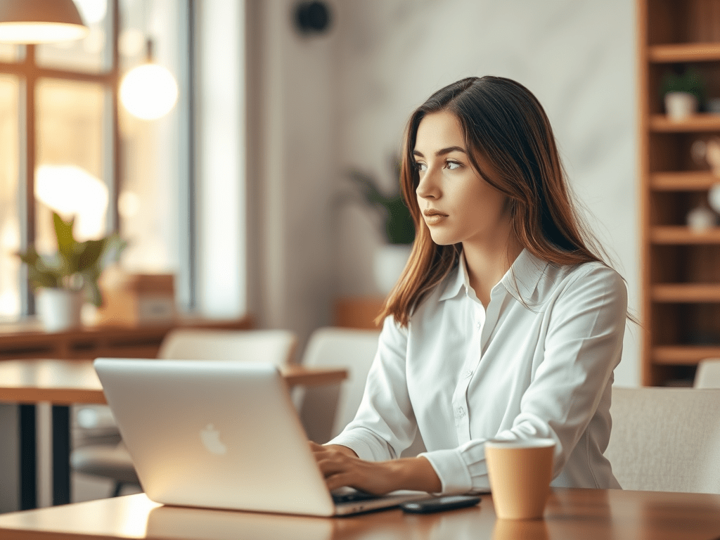 A young woman working on her laptop in a bright modern office, reflecting on her first job and personal growth.