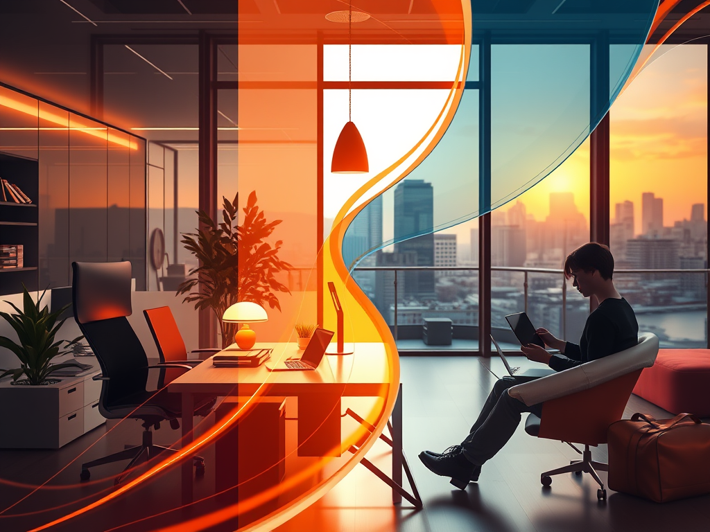 Professional man working on a laptop by a large window at sunset, symbolizing the balance between office structure and remote freedom in today’s global workforce.