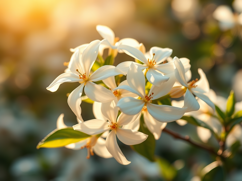 Cluster of Star Jasmine flowers (Trachelospermum jasminoides) with creamy pinwheel petals and glossy green leaves.