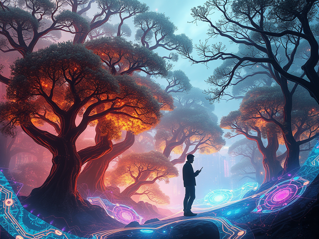 A person stands beneath glowing trees illuminated by digital light, symbolizing the meeting between human imagination and technology in the future of creativity.