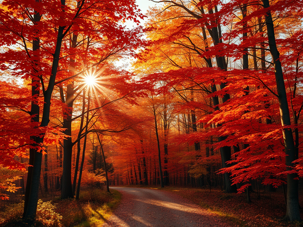 Curved forest road in Canada during autumn, lined with red and orange maple (érable) trees, sunlight filtering through branches, showcasing fall foliage and scenic natural beauty.