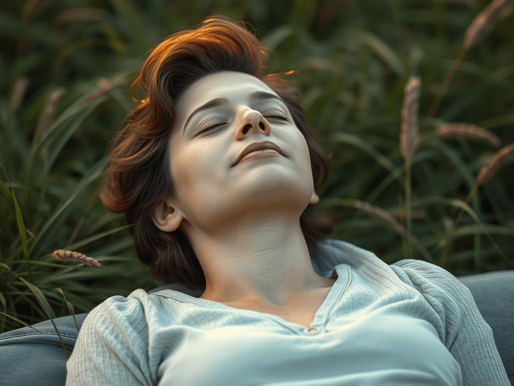 Woman resting outdoors with eyes closed, representing the physical impact of chronic stress and hormonal burnout on the body