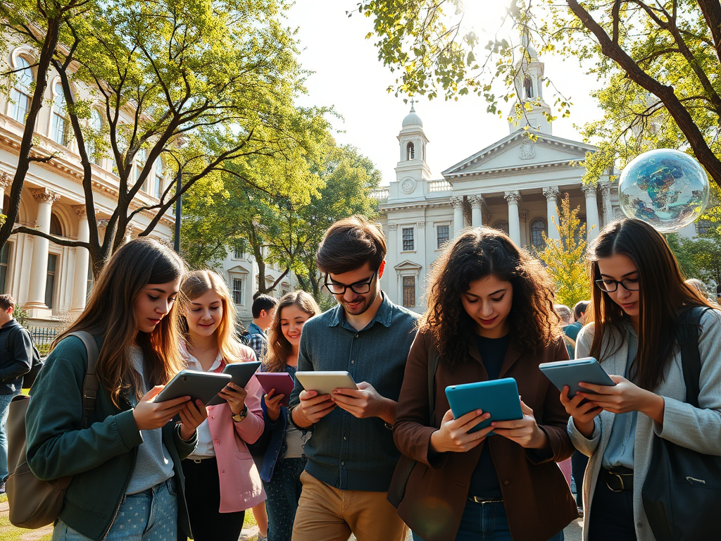 Students using digital devices on a university campus, illustrating EdTech competition reshaping higher education