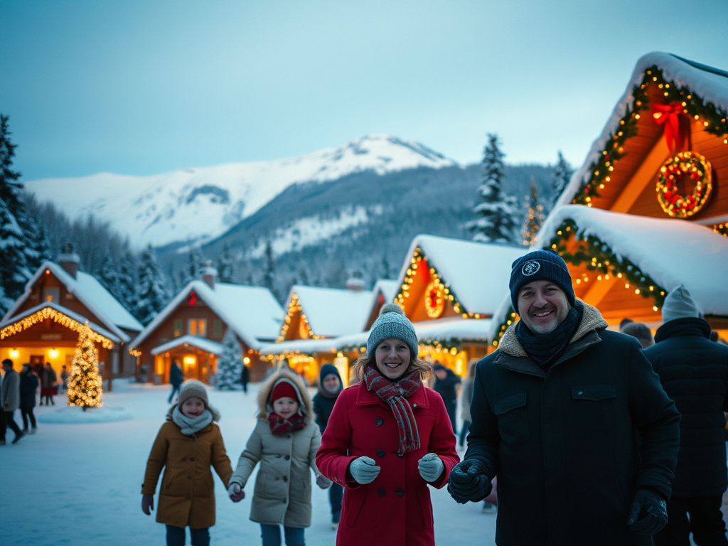 Family walking through a snowy Canadian mountain village during the Christmas holidays