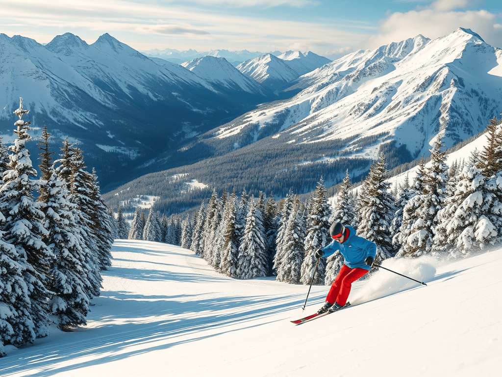 Skier descending a groomed mountain slope during a snowy winter day