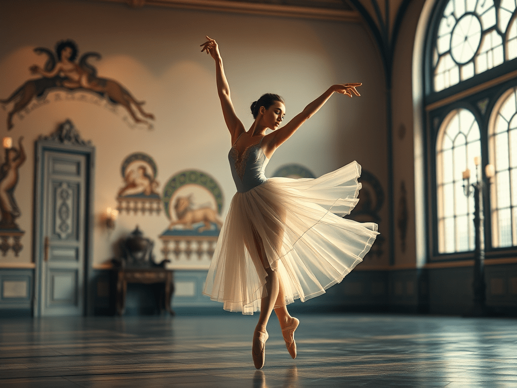 A classical ballet dancer performing a controlled turn in a historic rehearsal hall, illustrating discipline, balance, and the tradition of ballet as a cultural art form.