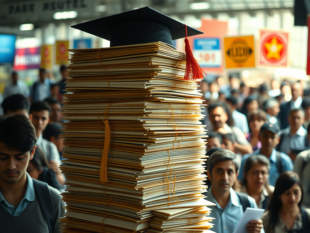 Tall stack of academic diplomas tied with ribbons and topped by a graduation cap, with a blurred crowd in the background symbolizing education inflation and labor market competition.