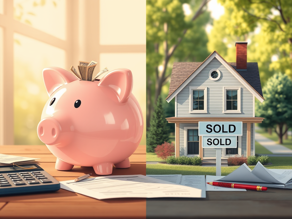 piggy bank and house model illustrating saving vs mortgage decision for home buying strategy