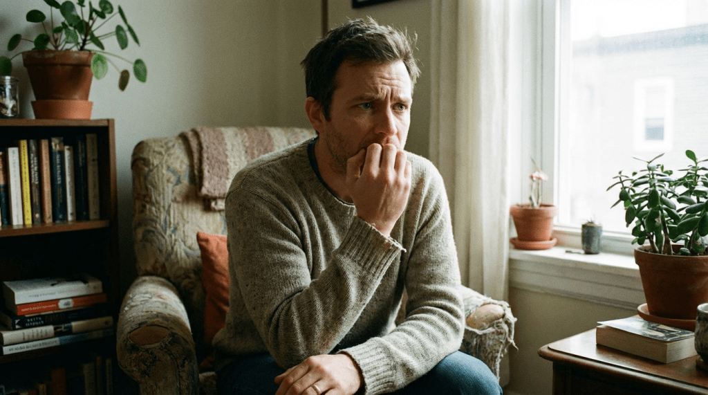Man in sweater biting nails looking worried while sitting in armchair