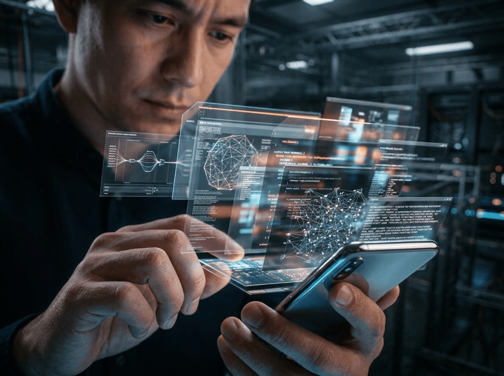 Person using smartphone with floating holographic data screens showing networks and charts