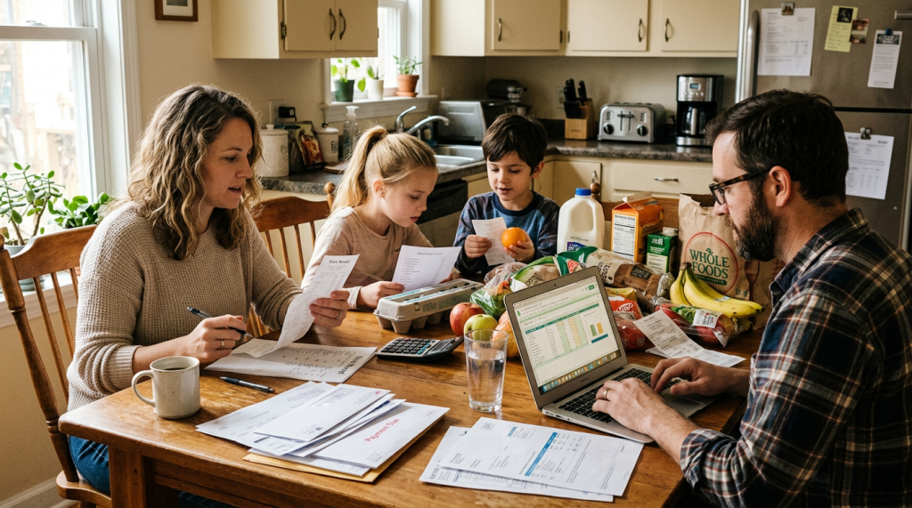 Family reviewing bills and receipts with groceries on kitchen table