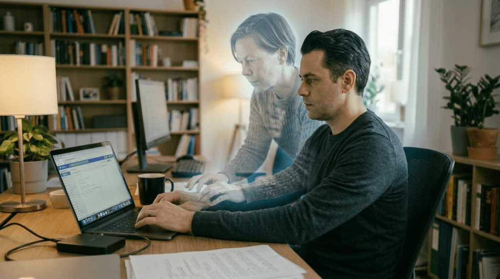 Woman ghostlike behind seated man, typing
