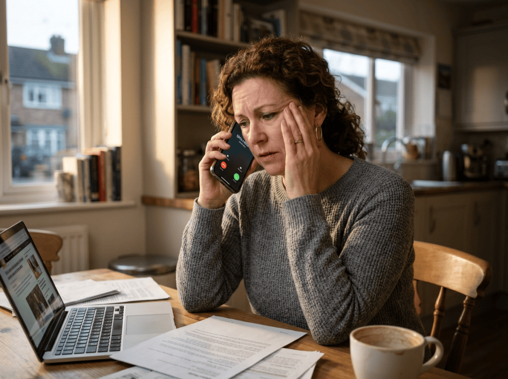 Woman holding a phone beside paperwork and an open laptop